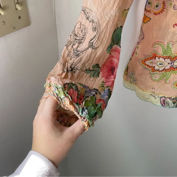 Johnny Was Peach Button-Up Tie Blouse - Picture 6 of 9